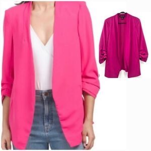 NEW! RACHEL ZOE Fushia Satin Textured Open Front Collarless Blazer Small.